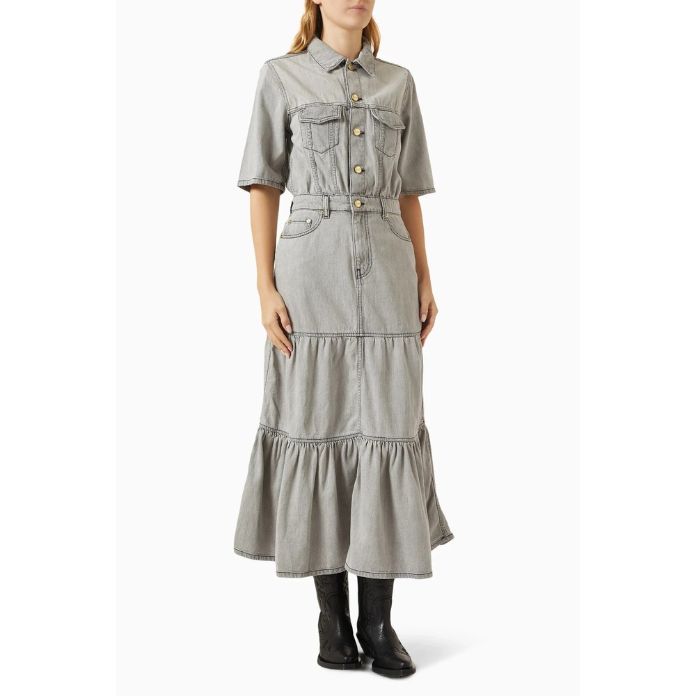 GANNI  Grey Future  Denim Shirt Dress Short Sleeve Midi Maxi 32 XS $315 Western